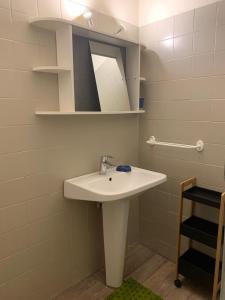 a bathroom with a white sink and a mirror at Studio le Bastion in Algajola
