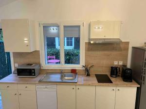 a kitchen counter with a sink and a window at Maison studio Le bois fleuri in Croissy-Beaubourg