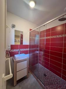 a red bathroom with a sink and a shower at Punta di l'Ortu House in Conca +10 photos