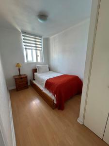 a bedroom with a bed with a red blanket and a window at Depto 2 habitaciones y 2 baños in Concepción