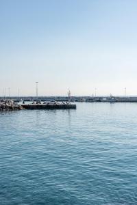 a large body of water with a pier in the distance at Jella's sunny apartment in Nea Skioni