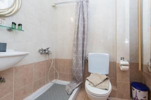 a bathroom with a toilet and a sink and a shower at Jella's sunny apartment in Nea Skioni