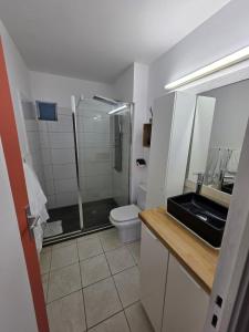 un bagno con doccia, WC e lavandino di Flamboyant de la Baie a La Trinité