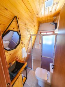 une salle de bain avec toilettes, lavabo et miroir dans l'établissement Cabana Vila Suíça, à Pedro II