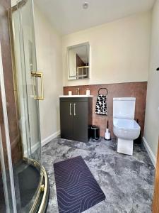 a bathroom with a shower and a toilet and a sink at Cozy Cottage Retreat in Portsoy +21 photos