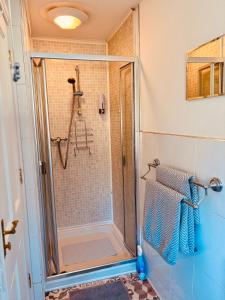 una doccia con una porta in vetro in un bagno di Beckers Place at No2 NLC in Carrickfergus a Carrickfergus