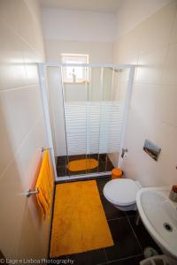 een badkamer met een douche, een toilet en een wastafel bij Villa Azul in Boliqueime