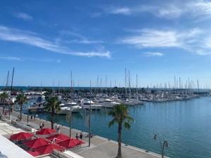 un port de plaisance avec beaucoup de bateaux dans l'eau dans l'établissement Duplex 2 bedrooms, harbor and sea view, center, wifi, à La Grande Motte