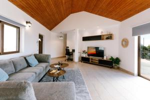 a living room with a couch and a tv at Dream Villa in Tala with Private Pool, Sea & Mountain Views & Garden Retreat in Paphos City