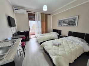 a hotel room with two beds and a sink at Vila Lacka in Pogradec