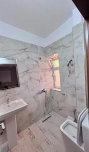 a bathroom with a sink and a toilet and a shower at Vila Lacka in Pogradec
