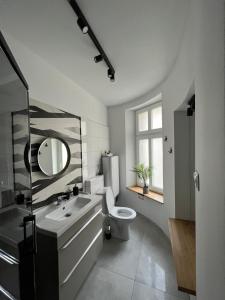 a bathroom with a toilet and a sink and a mirror at Krowoderska Centrum in Krakow