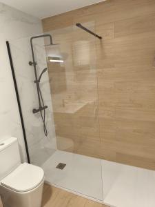 a bathroom with a toilet and a glass shower at Somo Calle Ria Cubas in Somo +22 photos