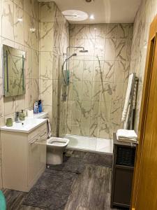 a bathroom with a shower and a toilet and a sink at Betty's Apartment- Metres From Train Station in Harrogate