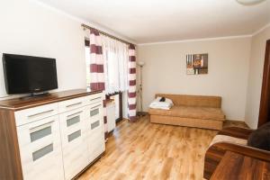un soggiorno con TV a schermo piatto e divano di Wielorybek Junior a Kąty Rybackie