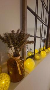a vase with flowers in it on a shelf with lemons at Maison Finchette pour 2 - 5 min Saint-Émilion - Terrasse privée - Parking - Arrivée autonome in Sainte-Terre +17 photos
