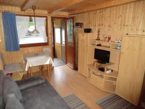a living room with a couch and a tv at Bootshaus, Mirow in Mirow