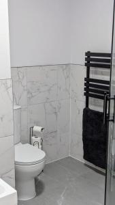 a white bathroom with a toilet and a towel at Crystal Palace Stylish gfloor 1bed apartment,3 minutes walk to Crystal palace station in London