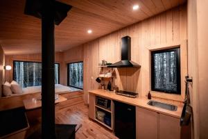 a kitchen with a sink and a stove in a cabin at ÈST Éco-cabines in Nouvelle