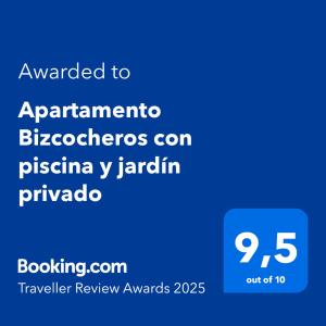 Certifikát, hodnocení, plakát nebo jiný dokument vystavený v ubytování Apartamento Bizcocheros con piscina y jardín privado