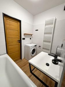 a bathroom with a sink and a washing machine at Apartmán Čertovka, Harrachov in Harrachov