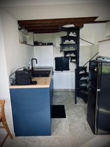 a kitchen with a sink and a black refrigerator at L Orangerie in Maubec