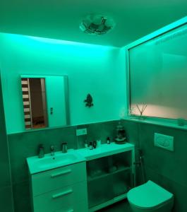 a green bathroom with a toilet and a sink at Yumbo Tinache Luxury Maspalomas in Maspalomas