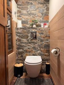 a bathroom with a stone wall and a toilet at Kerkinis Nest in Kerkini +13 photos