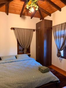 a bedroom with a blue bed with curtains and a ceiling at Kerkinis Nest in Kerkini