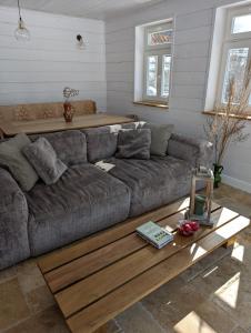 a living room with a couch and a coffee table at Płachtówka in Słupia