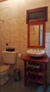 a bathroom with a toilet and a sink and a mirror at Cabañas Juca in Puerto Iguazú
