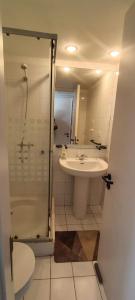 a bathroom with a shower and a sink and a toilet at San Alfonso del mar ,gran vista in Algarrobo