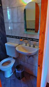a bathroom with a toilet and a sink and a mirror at Hospedaje Familiar Tilcara Monoambiente in Tilcara