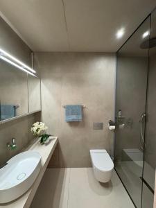 een badkamer met een toilet, een wastafel en een douche bij Premium Apartment Koper in Koper +20 foto's
