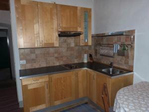 uma pequena cozinha com armários de madeira e um lavatório em B&B Ploncher em Chiavenna
