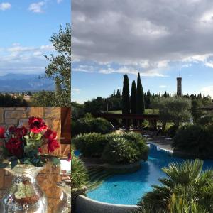 deux photos d'un jardin et d'un vase avec des fleurs dans l'établissement BeBDoremi, à Desenzano del Garda