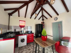 a kitchen with a table and a washing machine at Chez Toi in La Trinité