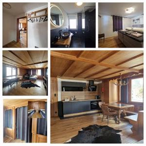 een collage van foto's van een woonkamer en keuken bij FeWo's und Apartment's Blaues Haus in Davos