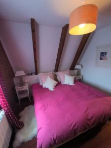 1 dormitorio con 1 cama con edredón rosa en Très beau chalet familial, en La Colmiane 11 fotos más