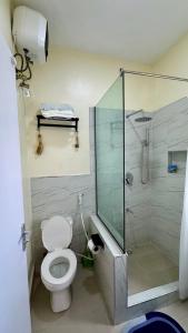 a bathroom with a toilet and a glass shower at HomeStay in Ikuata +10 photos