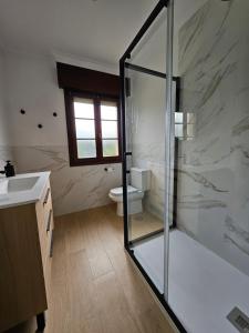 a bathroom with a glass shower and a toilet at El Tayo in Cudillero +28 photos