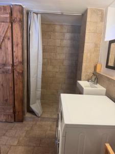 a bathroom with a shower and a toilet and a sink at Pelini - 3 in Szentendre