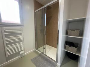a walk in shower in a bathroom with a glass door at Les jumelles in Saint-Gaudens +5 photos