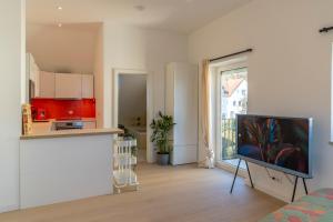 a living room with a kitchen with red cabinets at Boutique Apartment in Freising, nahe München und Flughafen München in Freising