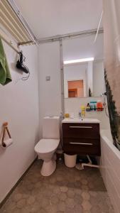 a bathroom with a toilet and a sink and a mirror at Rentoudu Tässä in Lahti +9 photos