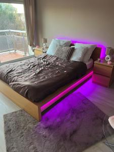 a bedroom with a bed with purple lights on it at Flower spa - Jacuzzi intérieur - T2 in Toulouse