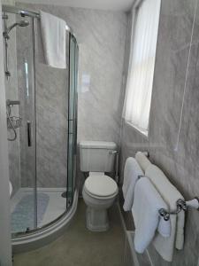 a bathroom with a shower and a toilet and towels at Shoreline Accommodation in Bournemouth