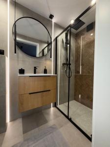 a bathroom with a shower and a sink and a mirror at Agroturystyka Pod Jałowcem in Stryszawa