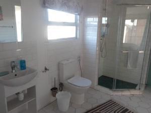 a bathroom with a shower and a toilet and a sink at CoCo de Mer Self Catering Log 1 in Lambertʼs Bay