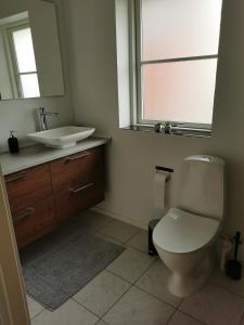 a bathroom with a toilet and a sink and a mirror at Ferielejlighed in Nibe